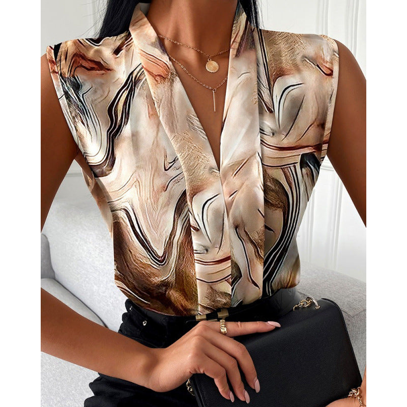 independent station  hot seller: summer european and american fashion casual sleeveless v-neck printed shirt for women