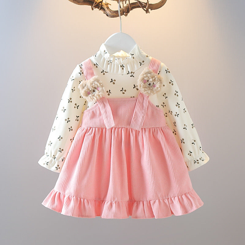 Girls' spring/autumn outfit set,  new korean style, kids' corduroy suspender skirt with matching top, faux two-piece set for little girls