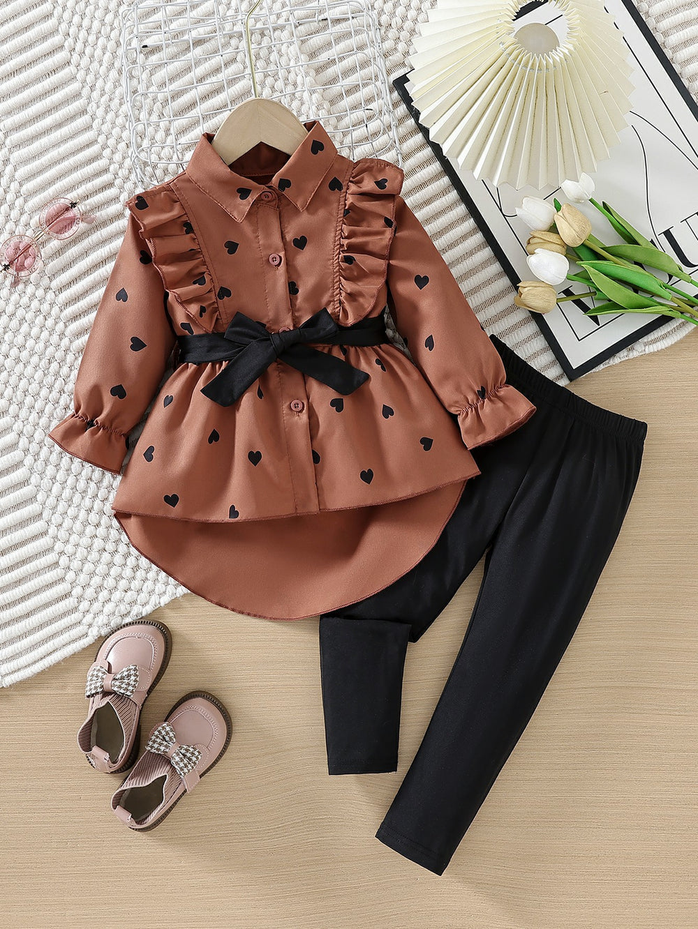 children's wear cross-border autumn new arrivals: girls' fashionable longline shirt dress with belt and leggings set