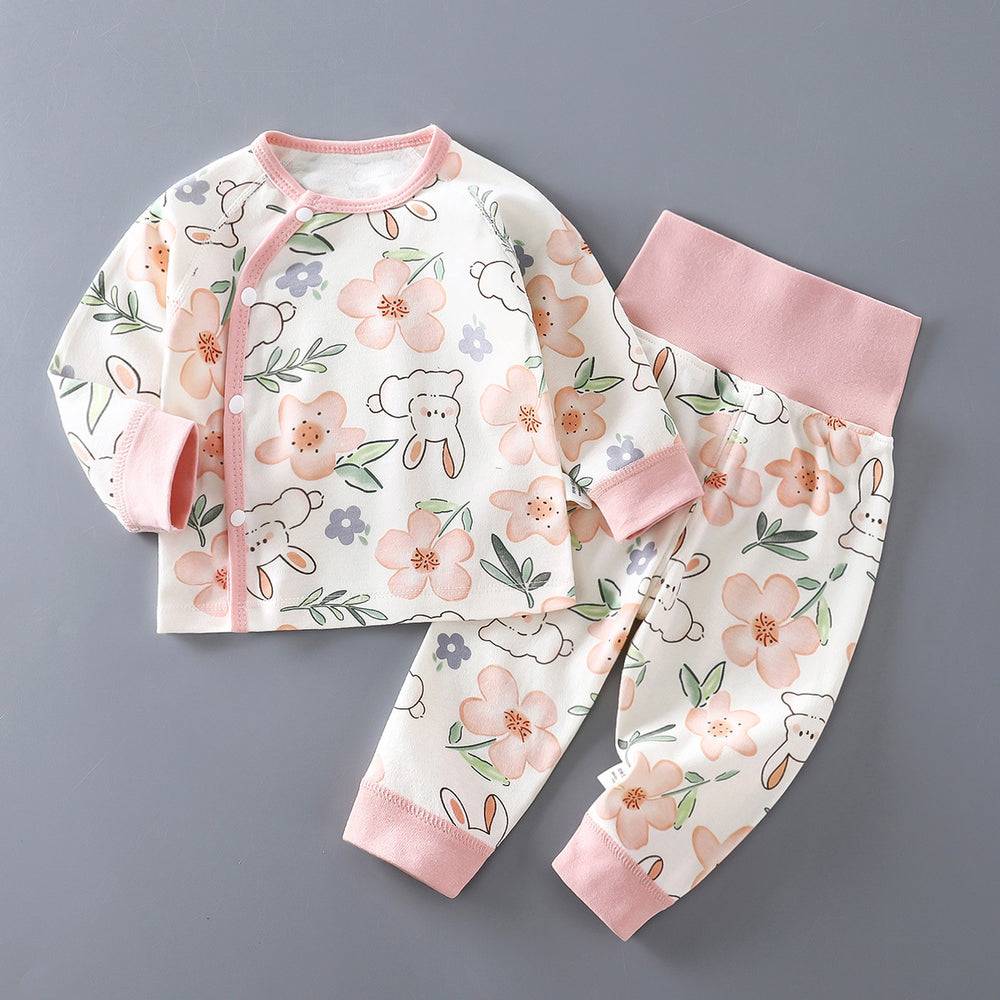 Newborn baby underwear set, all-cotton seamless thermal underwear, cute cartoon design, high-waisted pants for baby, belly protection