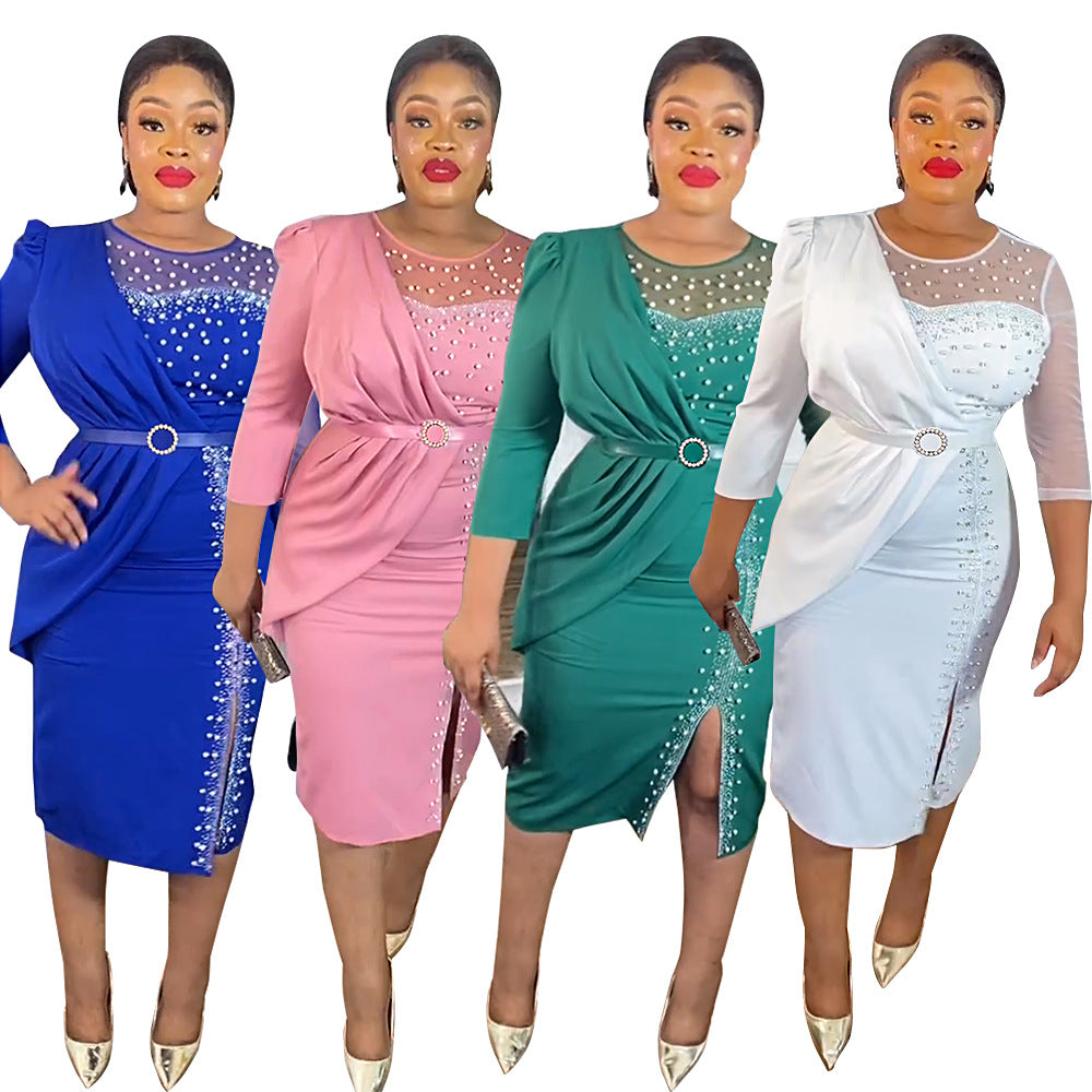 New arrival   cross-border export lace patchwork dress african women's plus size midi skirt finished