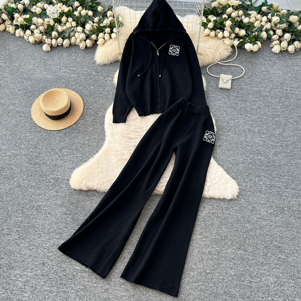 Premium knit sweater set for women - autumn collection: relaxed fit, intricate embroidery, hooded knit top, high-waisted wide-leg straight pants