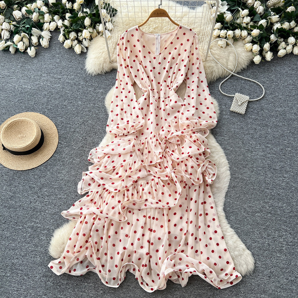 French polka dot v-neck bodycon asymmetrical dress - women's summer cinched waist ruffle trim slimming cake dress - socialite style