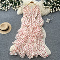 French polka dot v-neck bodycon asymmetrical dress - women's summer cinched waist ruffle trim slimming cake dress - socialite style