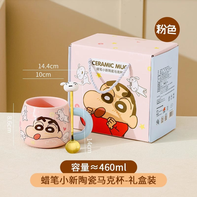 Crayon small new big belly mug with spoon gift box ceramic cup cute cartoon water cup high value coffee cup
