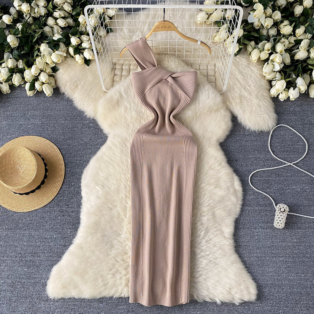 European and american high-end knitted asymmetrical neckline dress - women's summer irregular light luxury slit design - pure desire hot girl maxi dress