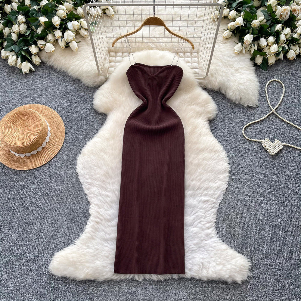 Luxury sleeveless chain strap knit dress - women's summer slimming sexy a-line dress - commute-friendly high-end maxi dress