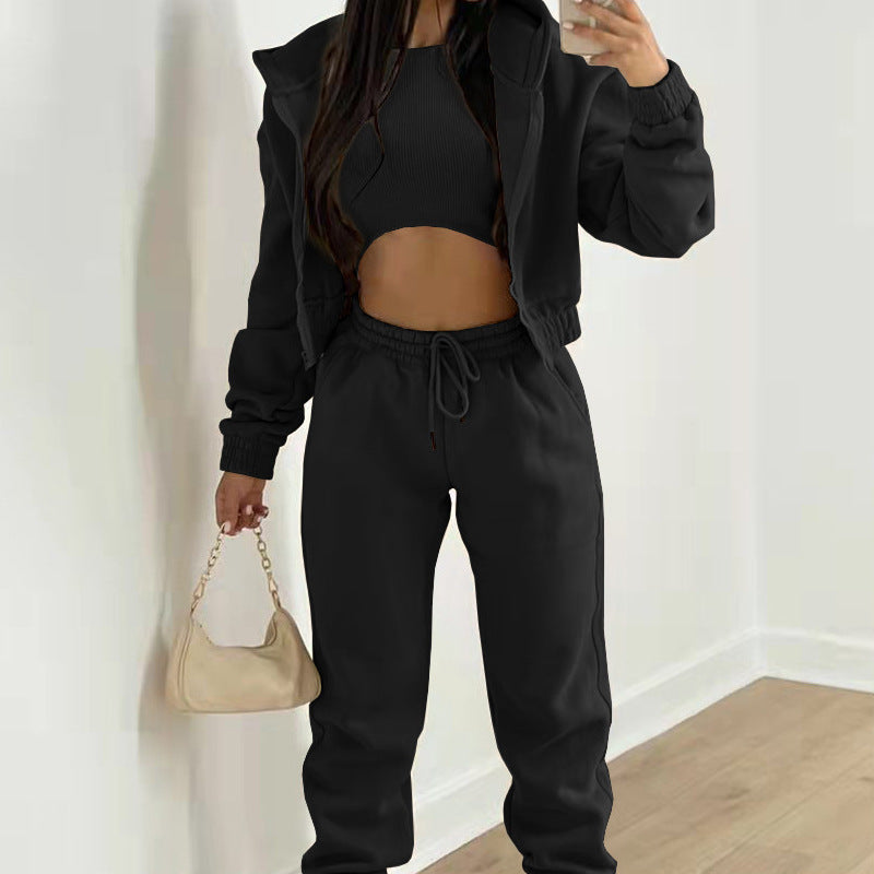 cross-border e-commerce european and american women's clothing: new summer collection - solid color casual activewear three-piece set (hoodie, sweatpants, and top)