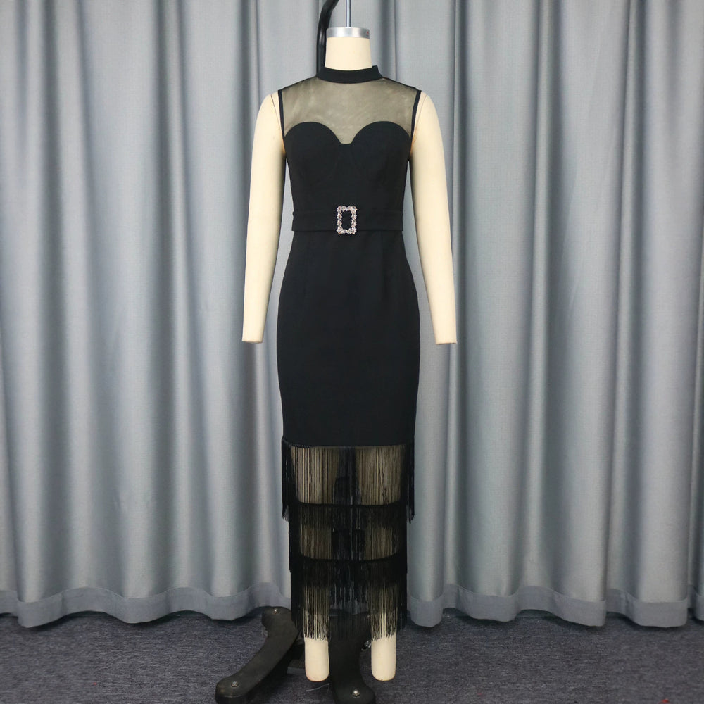 High neck see-through sexy mesh panel sleeveless bodycon dress with tassel hem - slim fit elegant evening gown