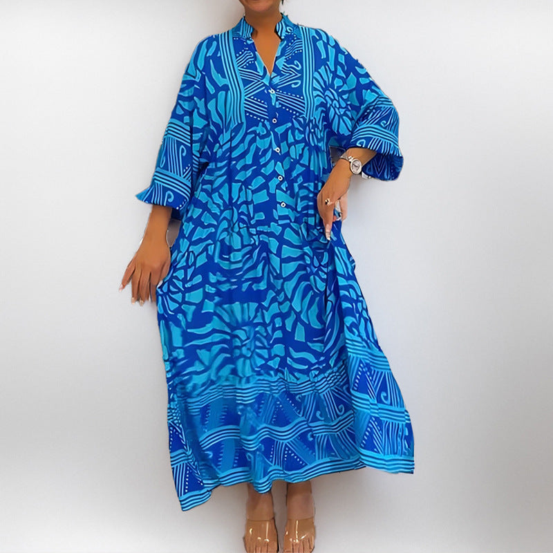 cross-border e-commerce women's fashion: european and american summer new arrivals - stylish v-neck printed loose plus size maxi dress