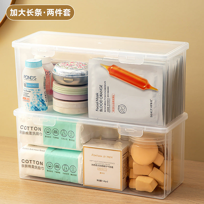 Long makeup brush, mask storage box, transparent rectangular box with lid, covered dresser, skin care product storage box.