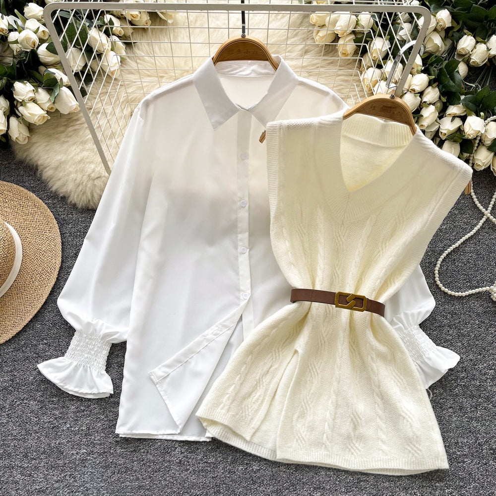 Korean style age-defying layered two-piece set: chic and versatile sleeveless slit knit vest with a stylish white long-sleeve shirt