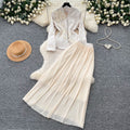 French chic v-neck embroidered jacket & high-waisted pleated skirt set - slimming, elegant, and stylish two-piece outfit for spring and autumn