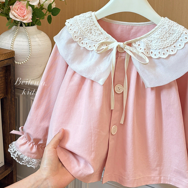 Korean style  spring/autumn new girls' blouse - ruffle collar shirt, trendy and chic, versatile outerwear for baby girls