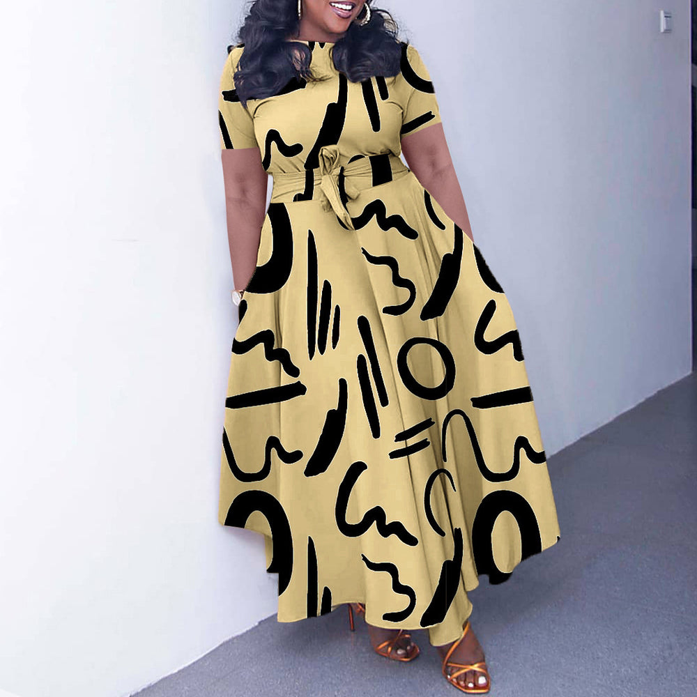 summer new fashion cross-border  elegant women's tie-up printed plus size european and american style dress