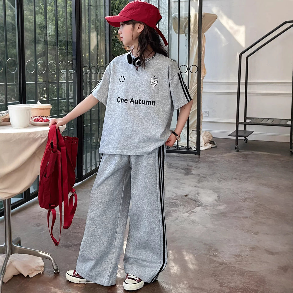 Girls' summer outfit  new style: trendy activewear set for big kids - casual short-sleeve letter tee two-piece