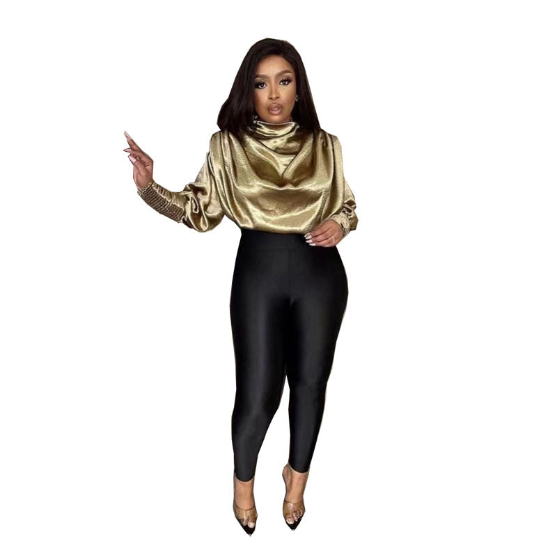 Special offer supply export women's woven topsfashionloose high collar long sleevesslimming lookshorttopsfashion popular