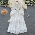 Frenchclassy heavy industry beading stereo flower lapel long sleeves single breasted strap waist elegantdress women
