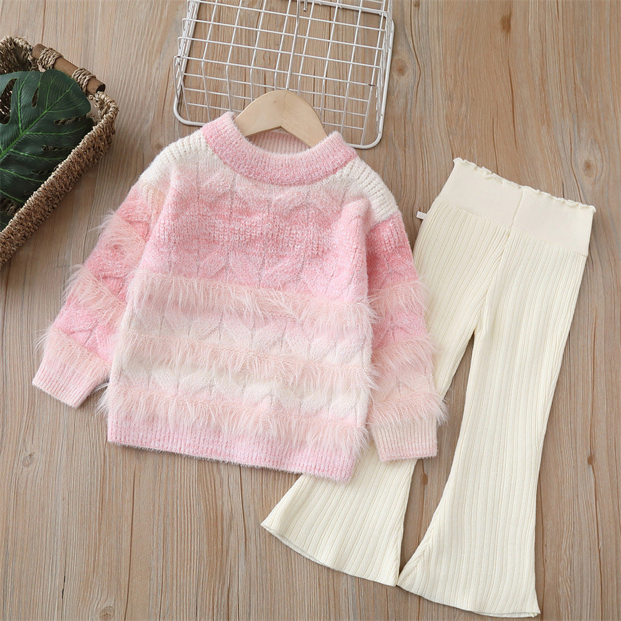 Girls' knitted sweater two-piece set - new autumn/winter  collection - thick, fuzzy, adorable pants set for baby girls