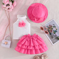 new european and american style girls' sleeveless solid color top with floral cake skirt and hat three-piece set