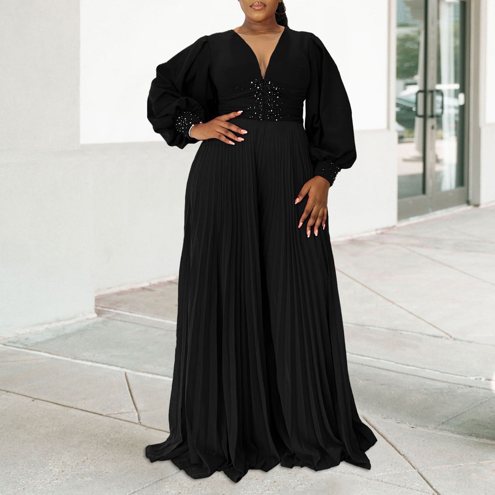 C8603 european and american plus size women's clothing  autumn/winter new long sleeve beaded sexy wide leg pleated african jumpsuit