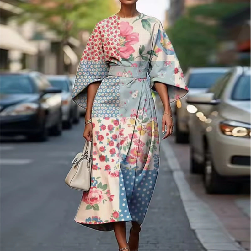 summer new arrivals: european and american style women's fashion - elegant printed midi dress with three-quarter sleeves
