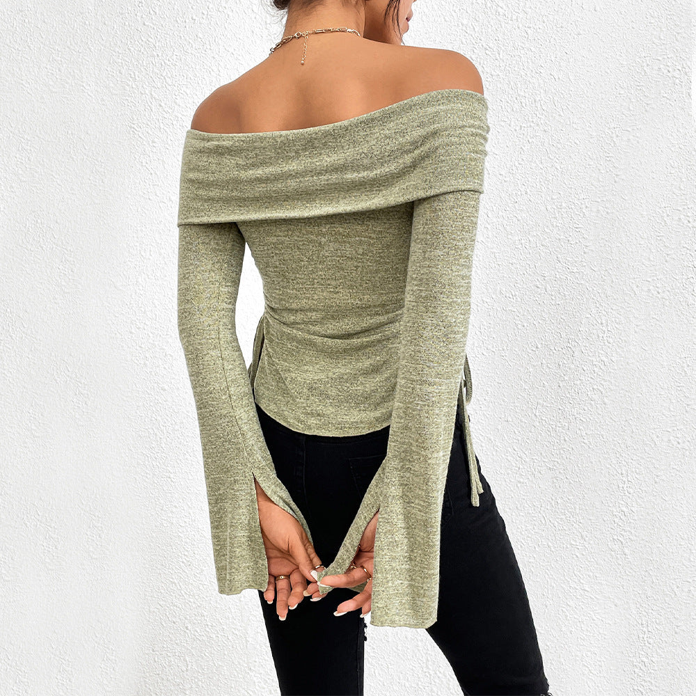 european and american women's clothing  fall/winter new collection: off-the-shoulder slit flare sleeve long-sleeve knit t-shirt - sexy top