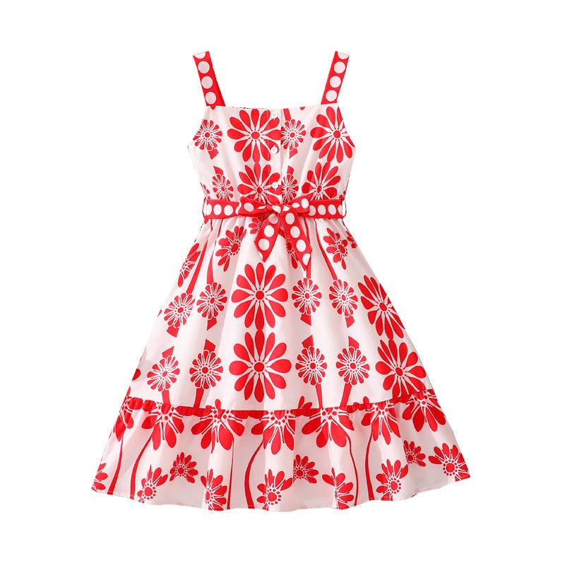 Girls' dress - new spring/summer  collection: european & american casual resort style, printed sleeveless button-up tie-waist dress