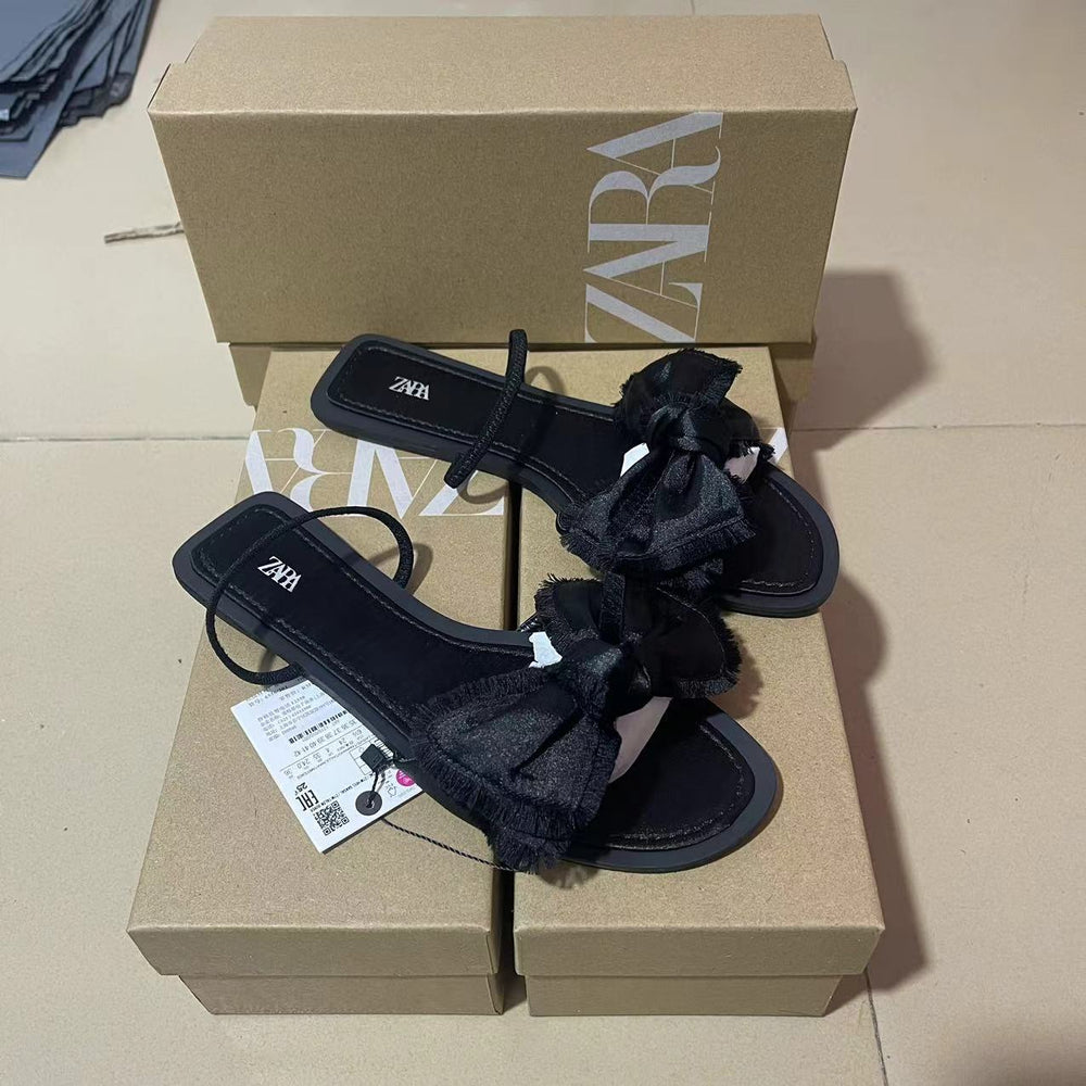 Za2024 summer new black flat sandals with back strap and bow detail - stylish women's outdoor sandals