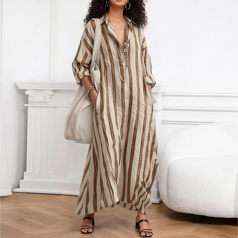 cross-border european and american women's clothing: summer dress for women, casual everyday loose striped v-neck dress