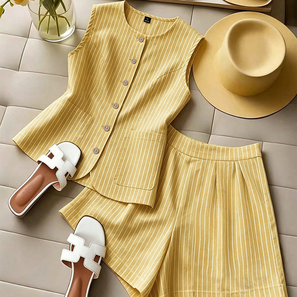 fashion  summer new striped sleeveless top + shorts set - commute & casual two-piece outfit