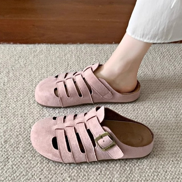 Retro piggyback birkenstock shoes women's easiest for match2026new arrivalspring and summeroutwear slip-on lazy cut out toe-cap half slippers