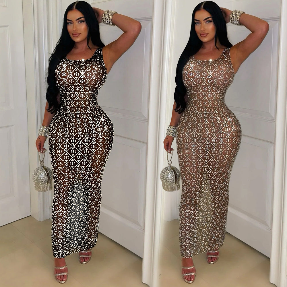 C6942 cross-border   independent station fashion women's sexy mesh see-through maxi dress