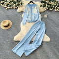 High-end fashionablecontrast colorprinting round neck long sleevesknittingcardigansweater women's high waistloose pantsautumsuit