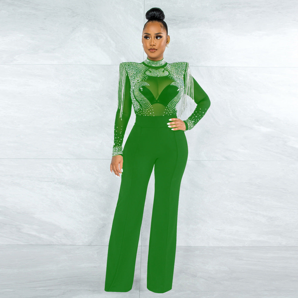 CY9232B Europe, America, , fashionable and sexy casual slim-fitting turtleneck perspective hot diamond fringed jumpsuit women
