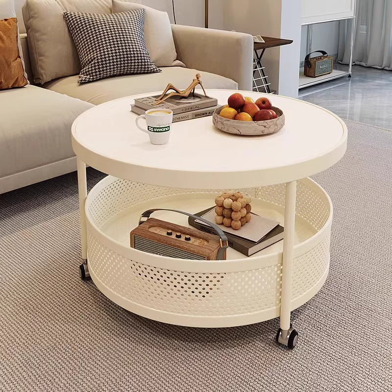 Accessible luxury style round small apartment movable coffee table living room for home slate small round table double-layer storage trolley