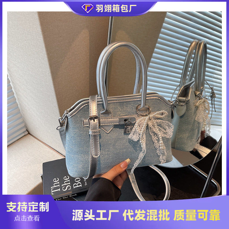 Cross-border denim bag women's summer 2025 new fashion niche messenger bag Korean version high-end platinum Kelly bag