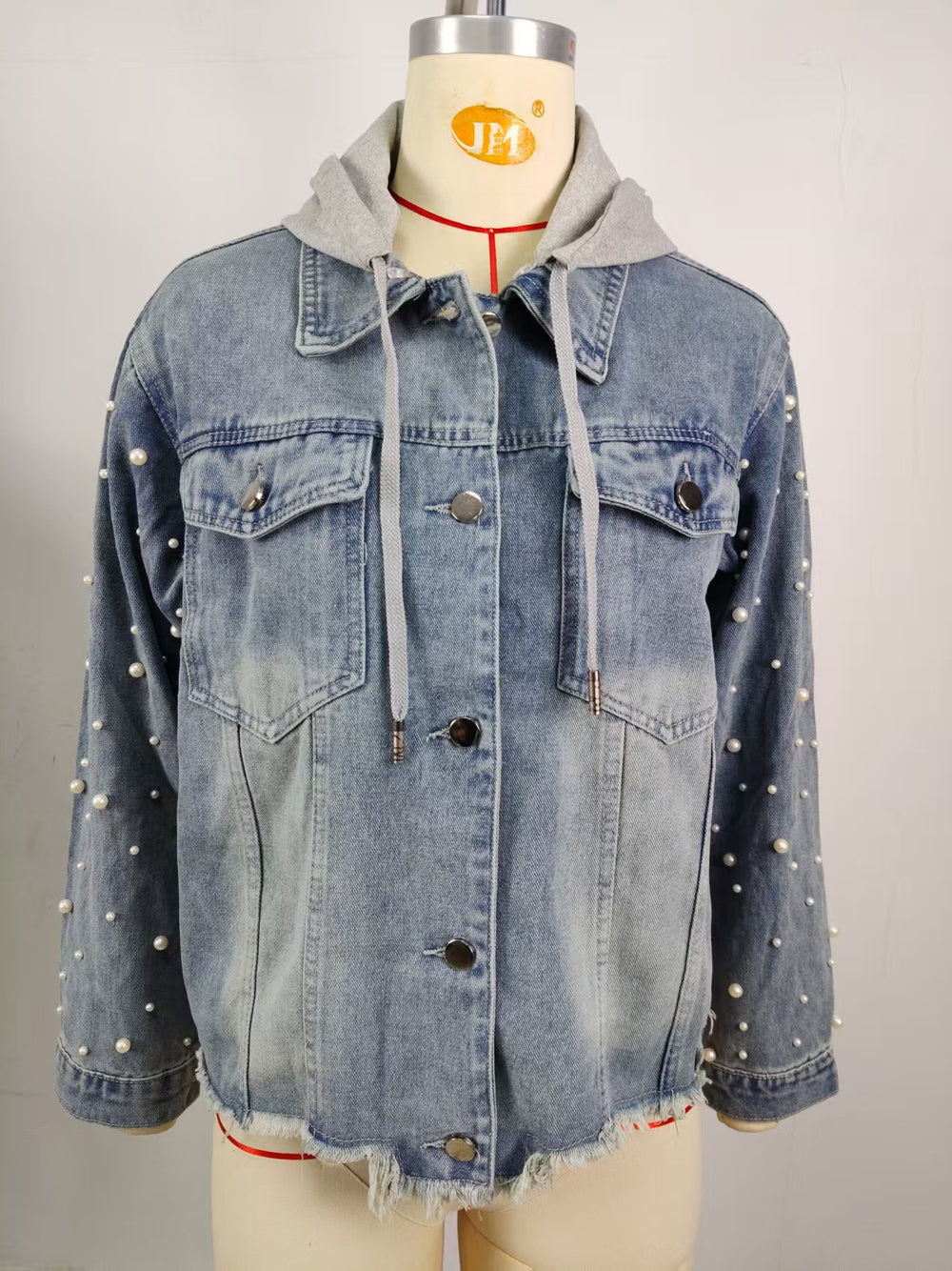 European and american cross-border women's spring new arrivals:  independent store washed beaded long sleeve casual denim jacket top