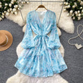 French riviera style pink floral v-neck dress - women's summer korean style long sleeve a-line dress with slimming waist design