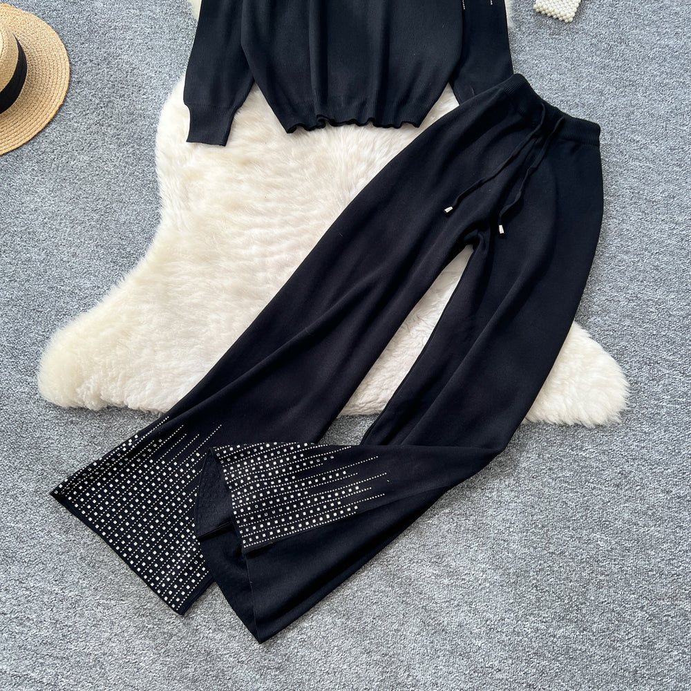 Relaxed and lazy style sweater suit women's autumloose hooded hot diamond knittingtopshigh waistloosestraight-leg pants