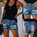 Factory direct  cross-border e-commerce new american flag print  tassel distressed denim shorts for women