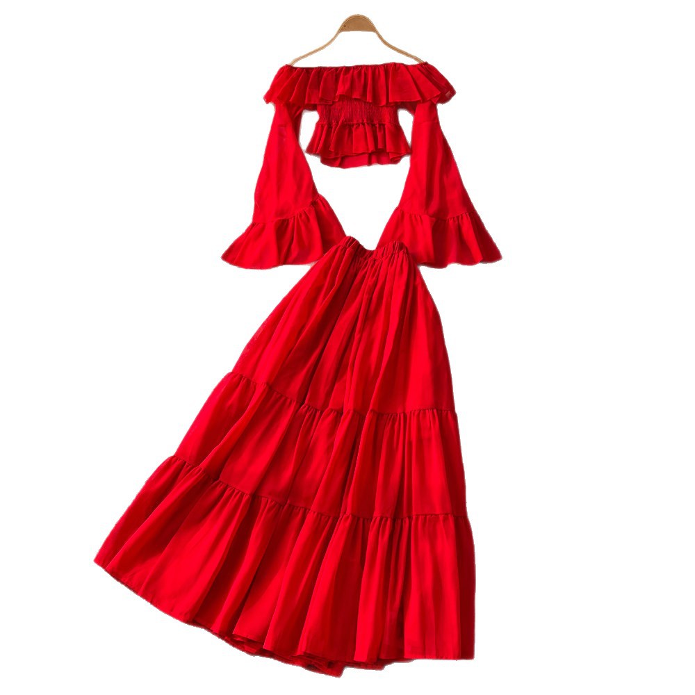 French riviera style red ruffle flare sleeve v-neck blouse and high-waisted midi skirt two-piece set - women's autumn chic
