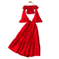 French riviera style red ruffle flare sleeve v-neck blouse and high-waisted midi skirt two-piece set - women's autumn chic