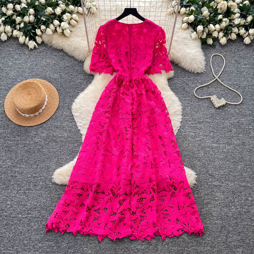 French style heavy lace cutout short sleeve dress - women's summer slimming a-line midi dress - elegant workwear