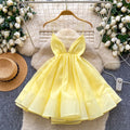 cross-border summer yellow suspender dress women's v neckbackless strap a-line skirt puffy skirt holiday style