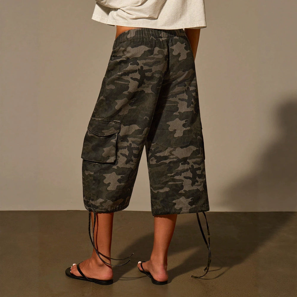 Fashionjeans women's camouflage drawstring waist three-quarter workwear american multi-flap pocket pants side drawstring jeans