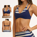 Customizable color block sports bra - faux two-piece halter yoga top with padded cups and printed design - style 4549