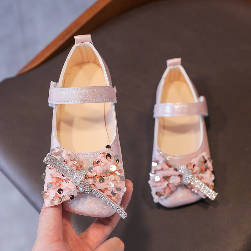 Girls' single shoes for kids, spring/autumn  collection: princess shoes for girls (mid-to-large size), korean style soft sole leather shoes with bow detail, perfect for performances