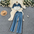 Fashionsuit women's  summer hong kong style drawstring waist short contrast color stand collar tops high waist denim loose pants