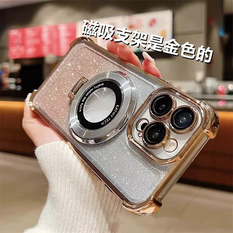 Suitable for iphone17pro electroplated four-corner lens film mobile phone case apple 15 glitter magnetic holder protective cover